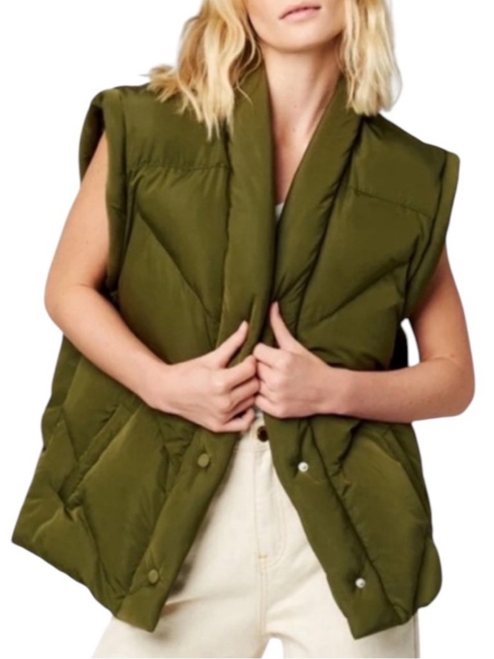 Blank NYC Olive Quilted Shawl-Collar Oversized Puffer Vest